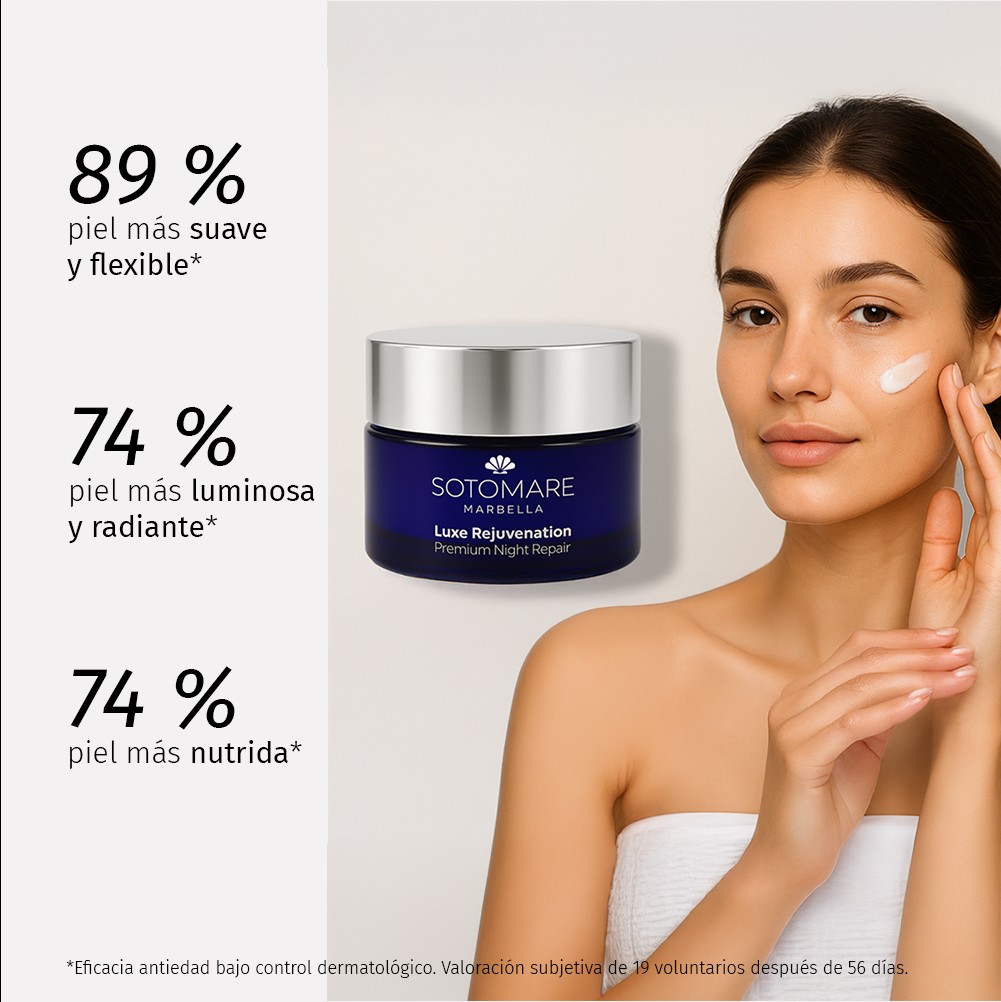 Crema facial antiedad de noche Luxe Rejuvenation Premium Night Repair de Sotomare que ayuda a conseguir una piel más suave, luminosa y nutrida