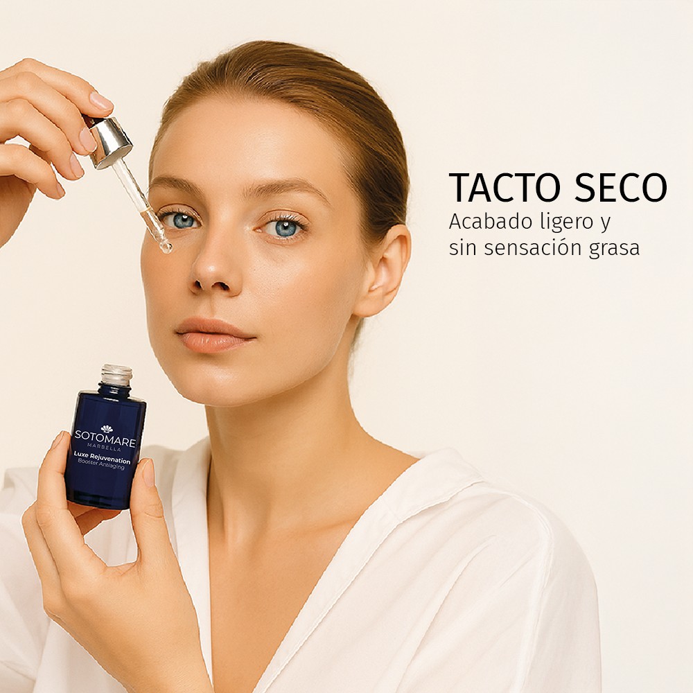Sérum facial oleoso Luxe Rejuvenation Booster Antiaging de Sotomare con acabado ligero y sin sensación grasa en la piel
