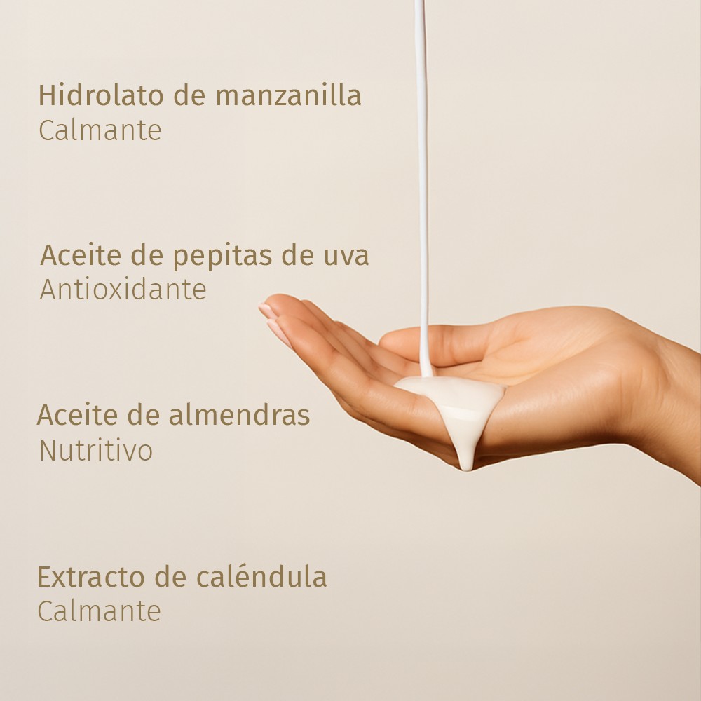 Ingredientes de origen natural como hidrolato de manzanilla, extracto de caléndula, aceite de pepita de uva y almendra, con propiedades calmantes, antioxidantes y nutritivas de leche limpiadora facial