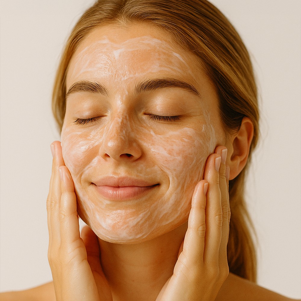 Aplicación de leche limpiadora facial sobre la piel durante la rutina de limpieza diaria